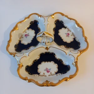 Trójdzielna patera porcelanowa Reichenbach, granatowy kobalt, złocenia i kwiaty.