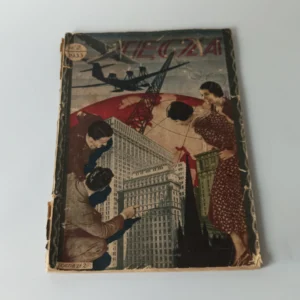 Awangardowa okładka miesięcznika Tęcza z 1933 roku, fotomontaż z samolotami, wieżowcami i czerwoną kulą ziemską.