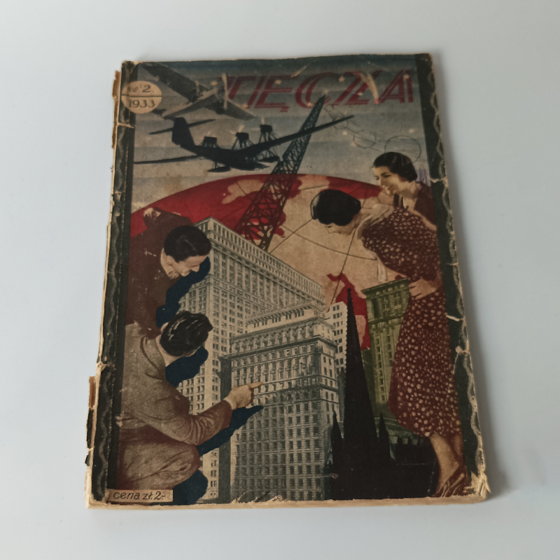 Miesięcznik „Tęcza” Nr 2 / 1933 r. – Awangardowa Okładka, Prasa II RP (Vintage) Awangardowa okładka miesięcznika Tęcza z 1933 roku, fotomontaż z samolotami, wieżowcami i czerwoną kulą ziemską.