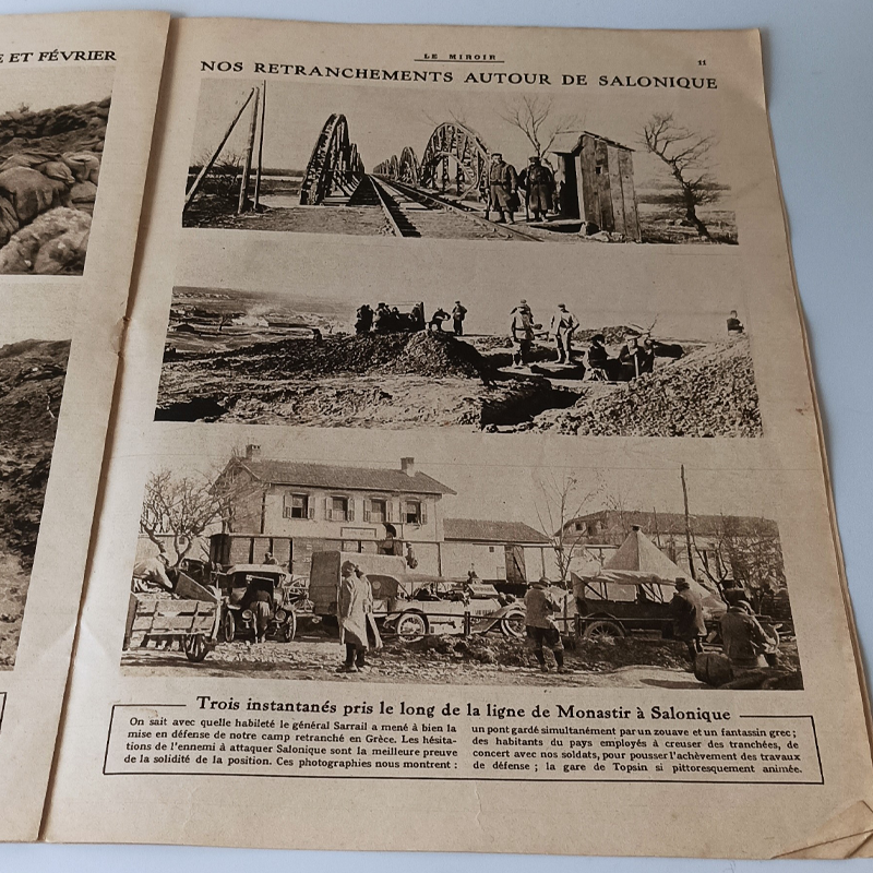 Czasopismo „Le Miroir” (20 Lutego 1916) – Gen. Gouraud, As Guynemer i Fabryka Skoda (Vintage) Wewnętrzna strona czasopisma Le Miroir z 1916 roku, historyczne zdjęcia budowy okopów, umocnień i stacji kolejowej wokół Salonik.