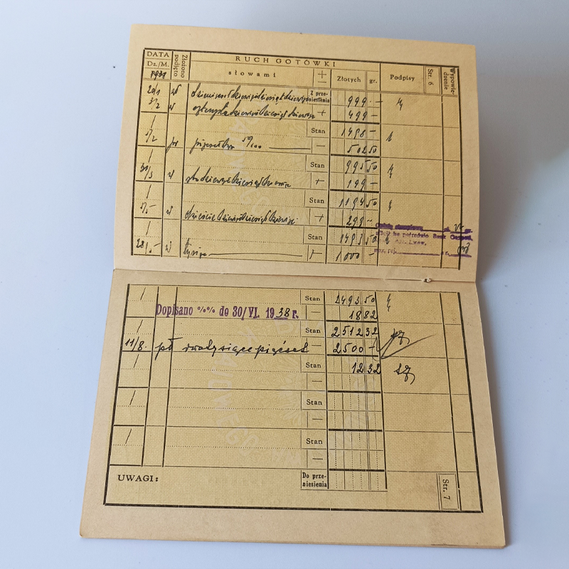 Książeczka BGK Lwów (1938 r.) – Julian Papierkowski (Druk Koziańskich) Tabela z odręcznymi wpisami wpłat i wypłat w złotych polskich z 1938 roku w książeczce BGK.