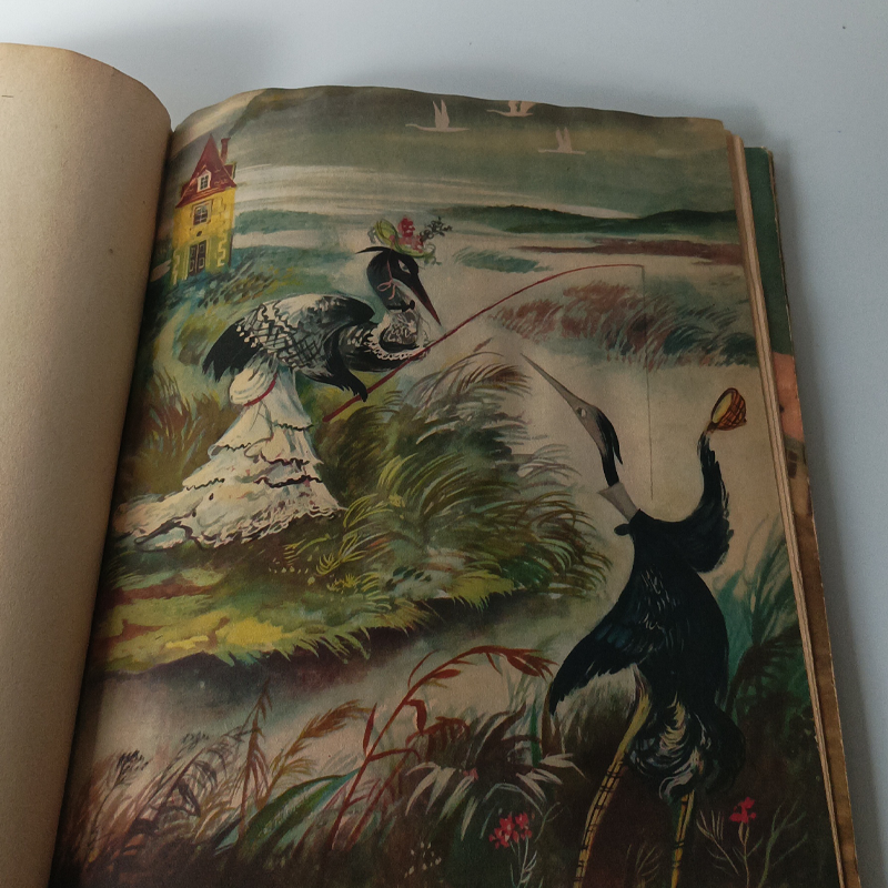 Książka „Bajki i baśnie” Jan Brzechwa – Ilustracje J.M. Szancer, 1955 (Vintage) Pełnostronicowa, barwna ilustracja Jana Marcina Szancera przedstawiająca żurawia i czaplę z książki Jana Brzechwy.