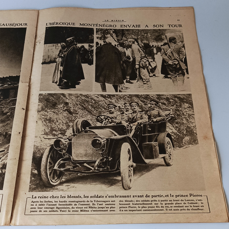 Czasopismo „Le Miroir” (23 Stycznia 1916) – Front Bałkański, Czarnogóra i Gen. Sarrail (Vintage) Wewnętrzna strona czasopisma Le Miroir z 1916 roku, fotografie z oblężonej Czarnogóry, w tym książę Piotr w starym automobilu wojskowym.
