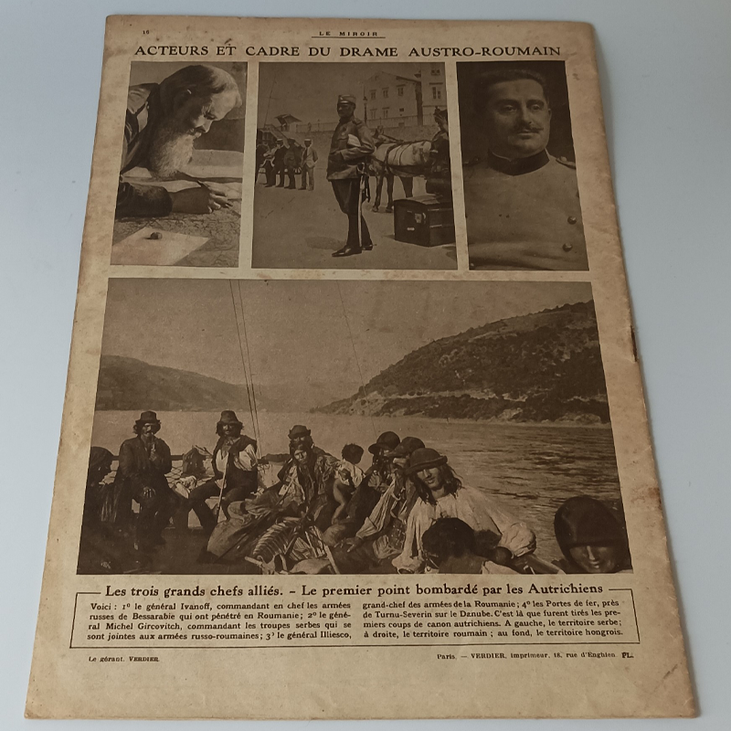 Czasopismo „Le Miroir” (10 Września 1916) – Front Rumuński i Działa Kruppa (Vintage) Tylna strona czasopisma Le Miroir z 1916 roku, portrety generałów koalicji oraz łódź na Dunaju podczas walk austro-rumuńskich.