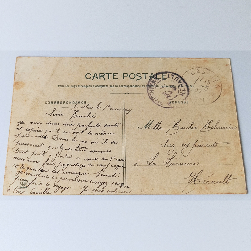 Pocztówka "Manewry w Sidobre" (1907 r.) – Camille do Emilie (Alert 1 Maja) Rewers pocztówki z datą 1 maja 1907, opisujący gotowość bojową wojska w święto pracy, adresowany do Emilie Echinier.