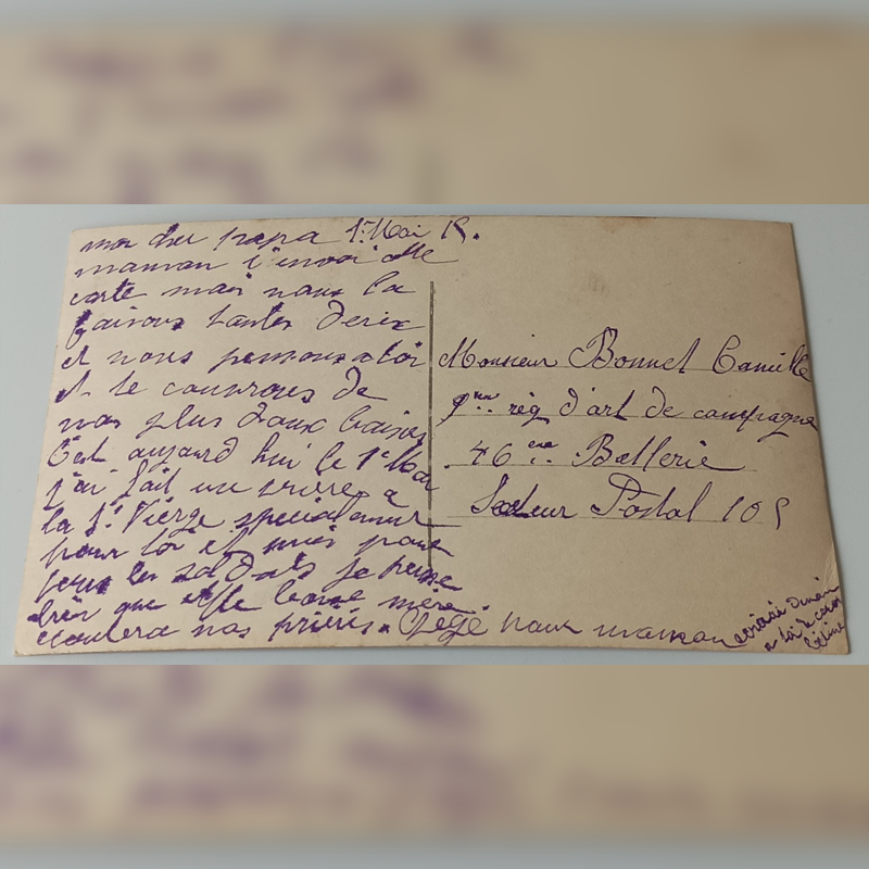 Pocztówka "Szeptane Imię" (1918 r.) – List Żony do Męża na Front (Archiwum Bonnet) Odręczny list żony do męża na front z 1 maja 1918 roku, adresowany do Camille Bonnet, 9 pułk artylerii.