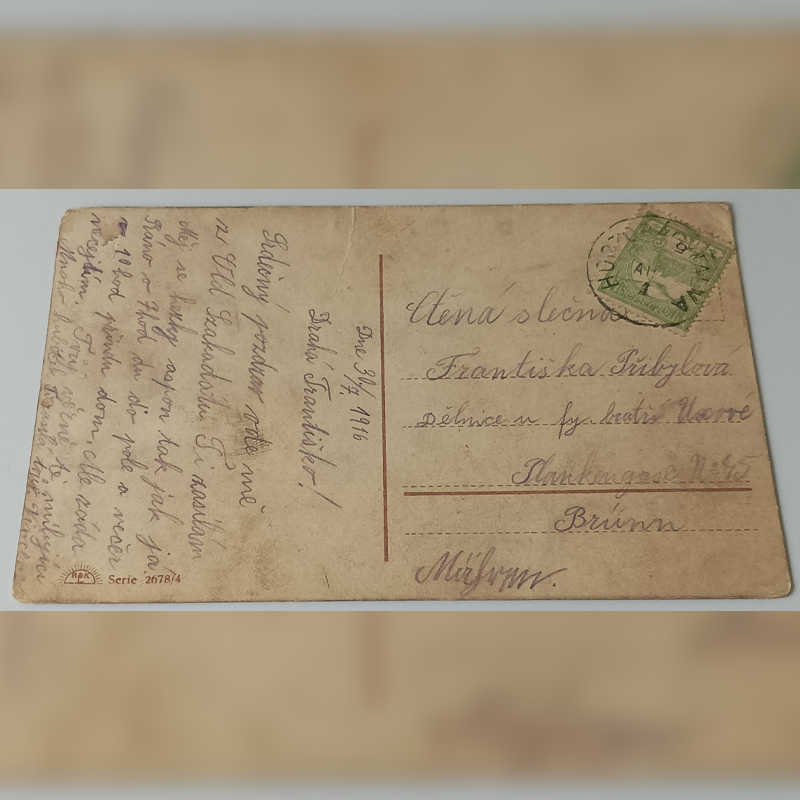 Pocztówka Węgierska „Szeretet” (1916 r.) – Czeski List z Wiednia do Brna Rewers pocztówki ze stemplem Hütteldorf 1916 i listem w języku czeskim zapowiadającym powrót do domu.