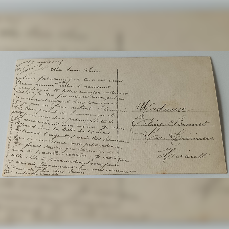 Pocztówka Patriotyczna (1915 r.) – „Czerwone Spodnie” i Artylerzysta (La Livinière) Rewers pocztówki z datą 7 marca 1915 roku, list siostry do Celine Bonnet dotyczący przesyłki pieniędzy.
