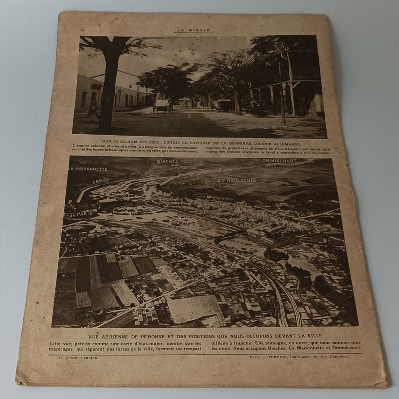Czasopismo „Le Miroir” (17 Września 1916) – Bitwa nad Sommą i Wielkie Działo 400 mm (Vintage) Tylna okładka czasopisma Le Miroir z lotniczym widokiem na pozycje nad Sommą oraz zdjęciem z afrykańskiego miasta Dar-es-Salaam.