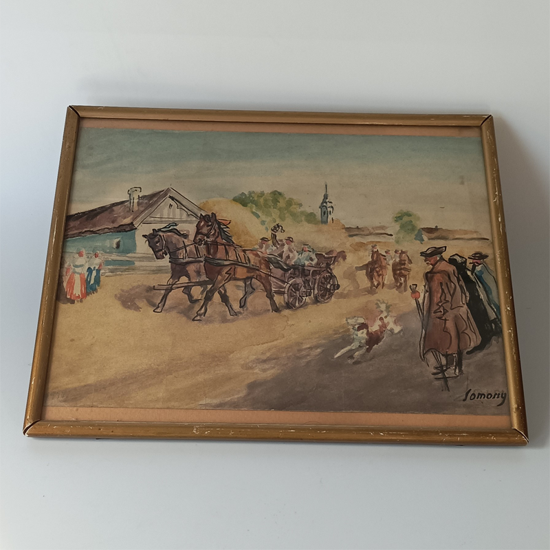 Obraz „Scena Rodzajowa – Zaprzęg Konny” Syg. Somossy (Vintage, 21x31 cm) Oprawiony za szkłem obraz przedstawiający pędzący zaprzęg konny w wiejskim krajobrazie.