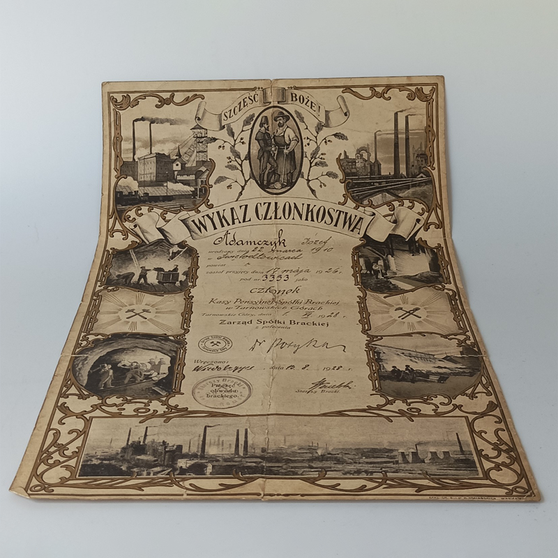 Zabytkowy Wykaz Członkostwa Spółki Brackiej – Tarnowskie Góry 1928 r. (Śląsk) Oryginalny dokument górniczy ze Śląska, widoczne hasło Szczęść Boże, pieczęcie oraz panorama śląskich hut i kopalń.