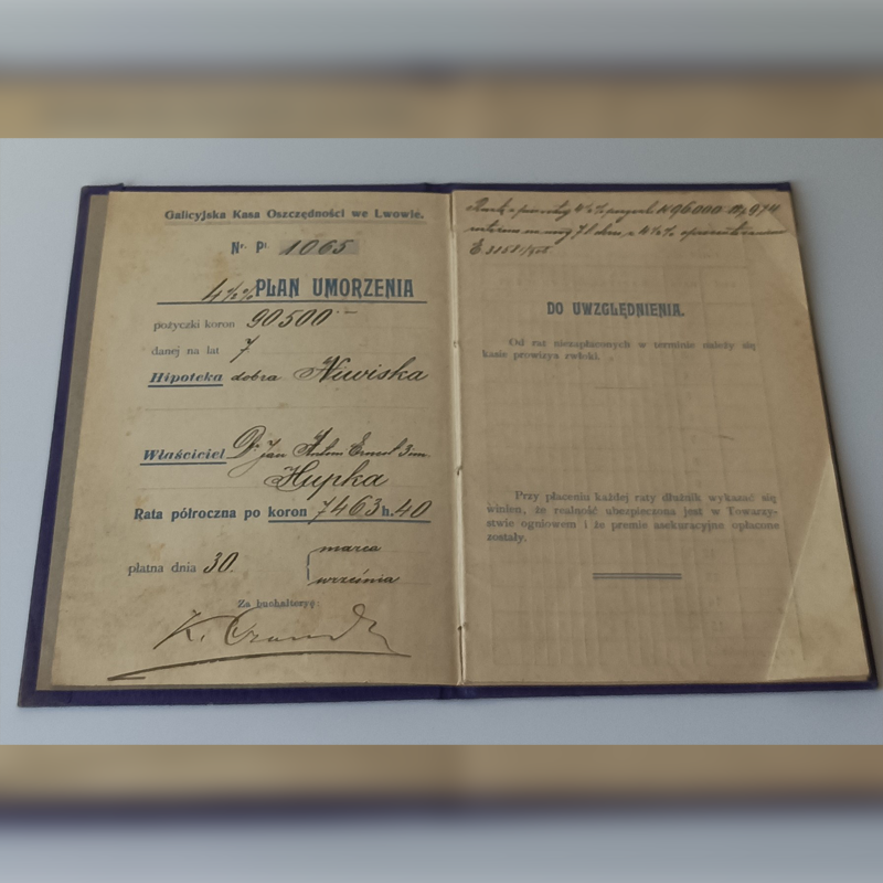 Dokument Hipoteczny (1906 r.) – Dr Jan Hupka, Dobra Niwiska (Galicyjska Kasa Oszczędności) Wnętrze dokumentu bankowego z danymi dr Jana Hupki, kwotą 90500 koron i hipoteką Dobra Niwiska.
