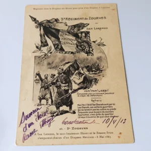 Stara pocztówka z żołnierzami 3. Pułku Zuawów, scena bitwy pod San Lorenzo i odręczny podpis Souvenir d'un chacal.
