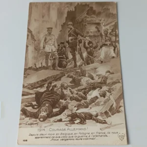 Zabytkowa francuska pocztówka propagandowa z I wojny światowej ukazująca niemieckich żołnierzy i cywilne ofiary z napisem Courage Allemand.
