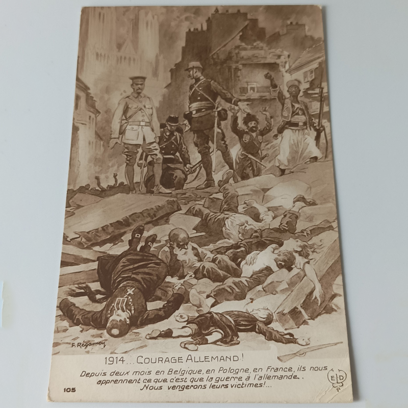 Zabytkowa Pocztówka Propagandowa I WŚ – "Courage Allemand!", List z 1918 r. Zabytkowa francuska pocztówka propagandowa z I wojny światowej ukazująca niemieckich żołnierzy i cywilne ofiary z napisem Courage Allemand.