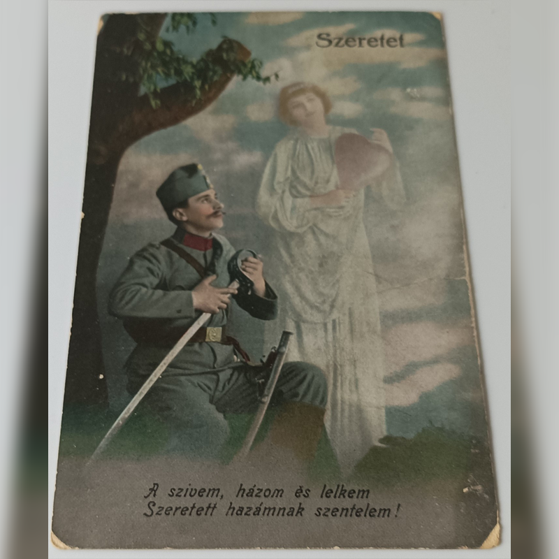 Pocztówka Węgierska „Szeretet” (1916 r.) – Czeski List z Wiednia do Brna Stara węgierska pocztówka z I wojny światowej, żołnierz klęczący z szablą i kobieta trzymająca serce.