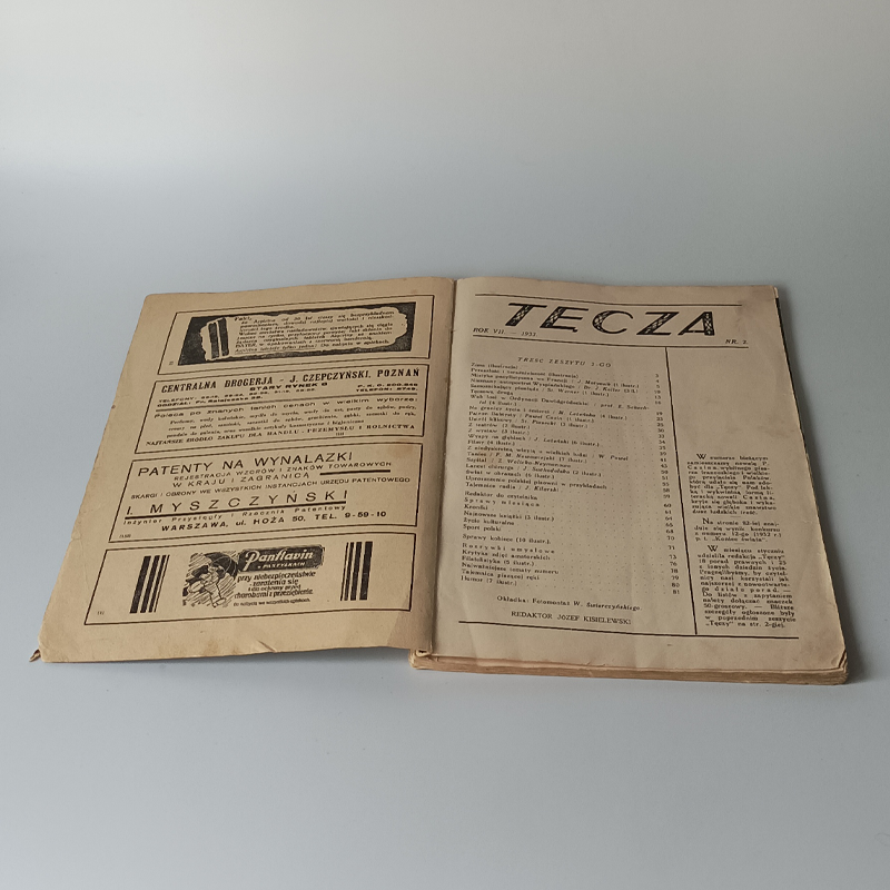 Miesięcznik „Tęcza” Nr 2 / 1933 r. – Awangardowa Okładka, Prasa II RP (Vintage) Wnętrze przedwojennego czasopisma Tęcza, widoczny spis treści oraz zabytkowe reklamy, m.in. biura patentowego.