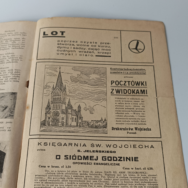 Miesięcznik „Tęcza” Nr 2 / 1933 r. – Awangardowa Okładka, Prasa II RP (Vintage) Strona z ogłoszeniami z 1933 roku, widoczna historyczna reklama Polskich Linii Lotniczych LOT oraz Księgarni Św. Wojciecha.