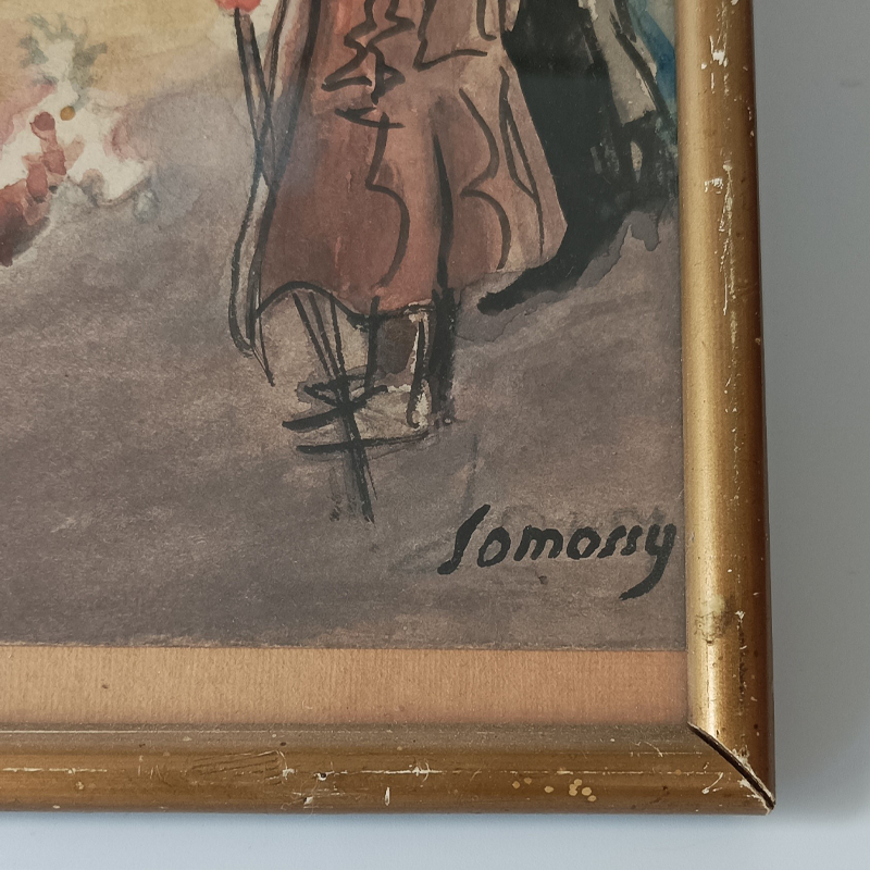 Obraz „Scena Rodzajowa – Zaprzęg Konny” Syg. Somossy (Vintage, 21x31 cm) Zbliżenie na prawy dolny róg obrazu z widoczną czarną sygnaturą Somossy oraz postaciami w tradycyjnych płaszczach.