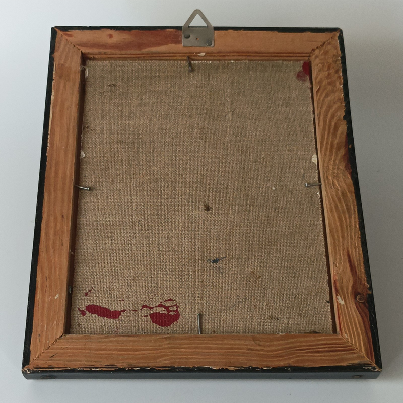 Obraz Olejny na Płótnie „Kwiaty w Wazonie” Syg. H. Lipińska – Vintage (18,5x23 cm) Rewers obrazu olejnego, widoczne naciągnięte na blejtram surowe płótno lniane, metalowa zawieszka i naturalne plamy z farby.