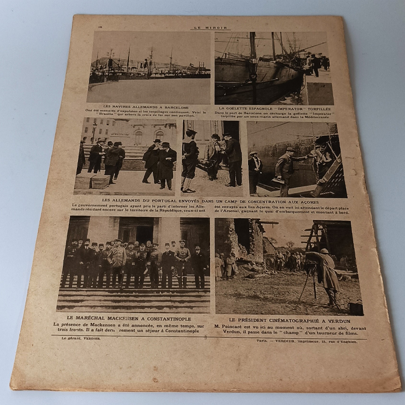 Czasopismo „Le Miroir” (14 Maja 1916) – I Wojna Światowa, Front Kaukaski i Verdun (Vintage) Tylna strona czasopisma z 1916 roku, widoczne zdjęcia prezydenta Francji w Verdun, statków oraz marszałka Mackensena.