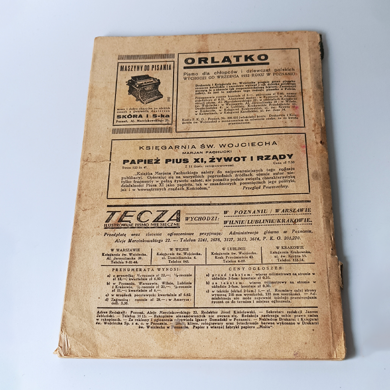 Miesięcznik „Tęcza” Nr 2 / 1933 r. – Awangardowa Okładka, Prasa II RP (Vintage) Tylna okładka czasopisma Tęcza z cennikiem prenumeraty i starą reklamą maszyn do pisania Skóra i S-ka.