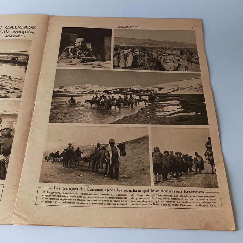 Czasopismo „Le Miroir” (14 Maja 1916) – I Wojna Światowa, Front Kaukaski i Verdun (Vintage) Strona wewnętrzna magazynu Le Miroir ukazująca czarno-białe zdjęcia wojsk kaukaskich, konnicy i generała Ioudénitcha.