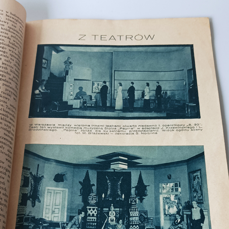 Miesięcznik „Tęcza” Nr 2 / 1933 r. – Awangardowa Okładka, Prasa II RP (Vintage) Strona z miesięcznika Tęcza zatytułowana Z Teatrów, czarno-białe zdjęcia ze spektakli teatralnych w Warszawie i Poznaniu.