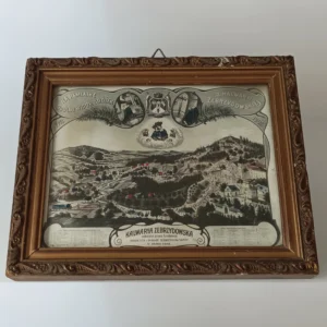 Zabytkowa grafika z 1902 roku przedstawiająca panoramę dróżek w Kalwarii Zebrzydowskiej w ozdobnej ramie.