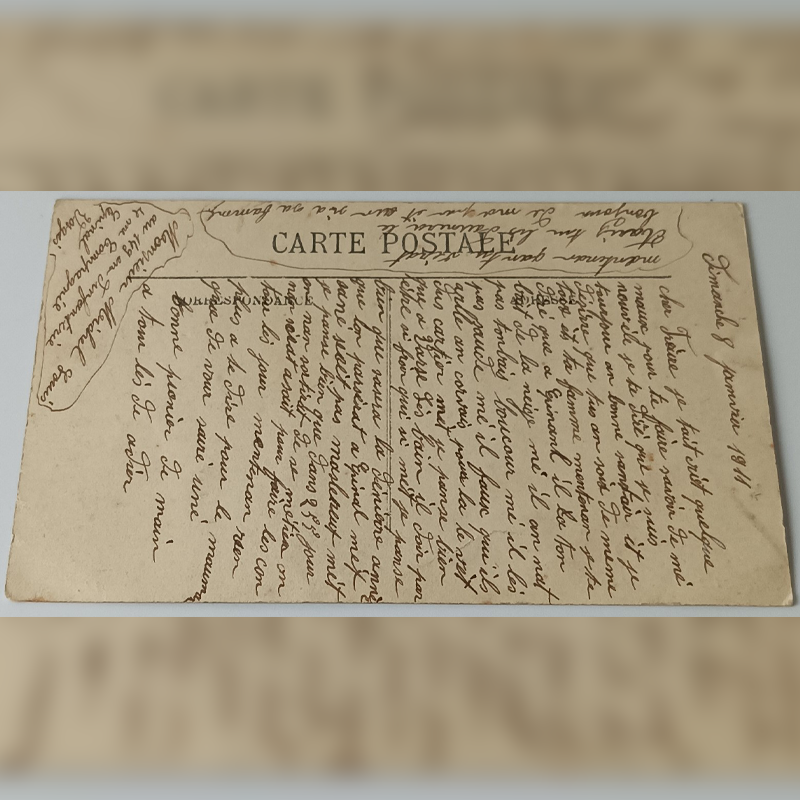 Zabytkowa Pocztówka Patriotyczna (1911 r.) – „Souvenir d’Épinal”, 149. Pułk Piechoty Tył starej pocztówki gęsto zapisany odręcznym pismem atramentowym z widoczną datą 8 stycznia 1911 roku.