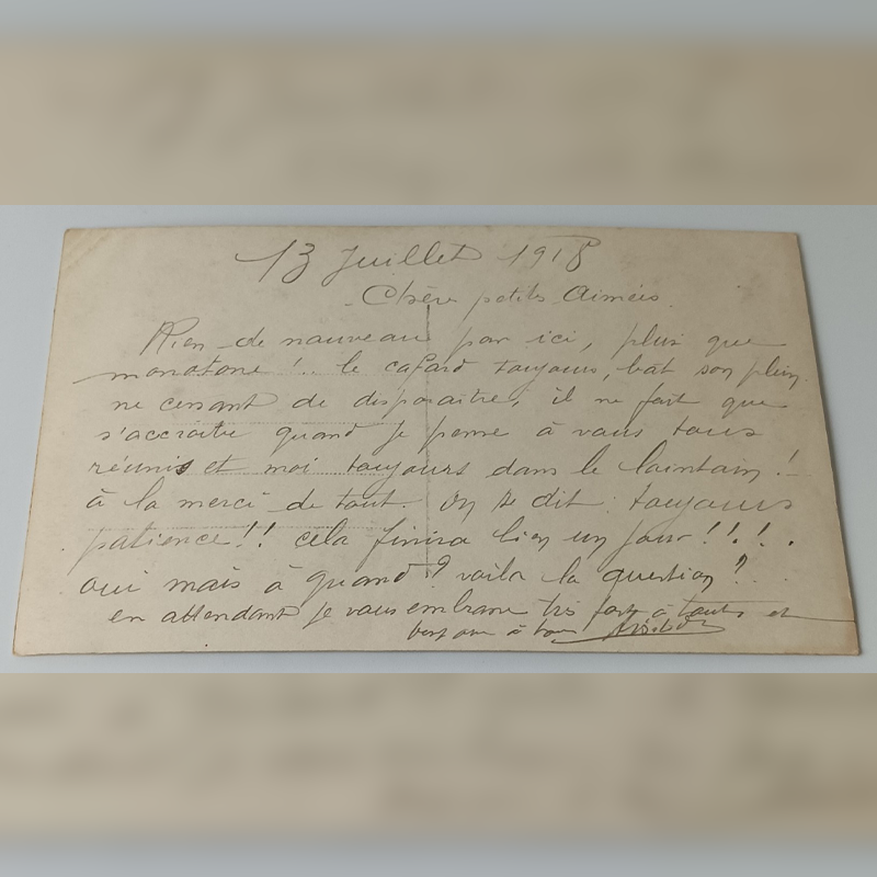 Zabytkowa Pocztówka Propagandowa I WŚ – "Courage Allemand!", List z 1918 r. Tył starej pocztówki gęsto zapisany odręcznym pismem z widoczną datą 13 lipca 1918 roku.